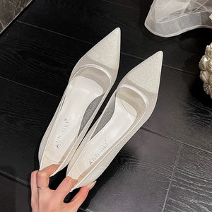2024 Mesh Pointed High Heels for Women Sexy Lace White Wedding Shoes Banquet Dress Champagne Bridesmaid Shoes Female Pumps