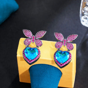 Fuchsia Cubic Zircon Butterfly Earrings Chic Heart Charm Drop Earrings for Women b97