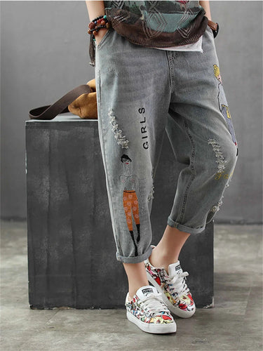 Vintage Hole Girl Embroidery Ankle-length Denim Jeans Female Casual Loose Harem Pant Trousers Cloth