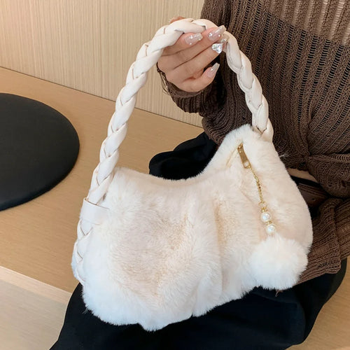 Autumn&Winter Plush Handbag Fluffy Women Tote Hobo Bag Faux Fur Purse q58