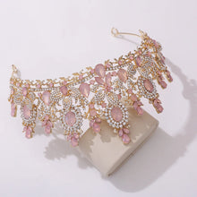 Load image into Gallery viewer, Luxury Pink Opal Royal Queen Wedding Crown Rhinestone Crystal Tiara Hair Jewelry a07