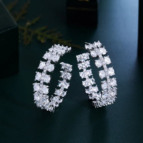 Double Cluster Chunky Cubic Zirconia Paved Big Luxury Half Round Bridal Hoop Earrings for Women b06