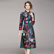 Load image into Gallery viewer, Fashion Runway Summer Striped Flower Dress Women&#39;s Turn Down Collar Long Sleeve Floral Print Midi Tunic Party Pleated Vestidos