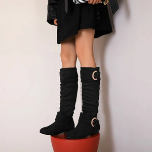 Women Buckles Botas On Knee Height Tacon Square Heels 2cm Red Black Boots Flock Round Toe Spring Shoes
