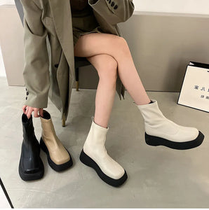 Winter Chunky Boots For Women Square Toe Shoes Slip On Platform Short Boots h12