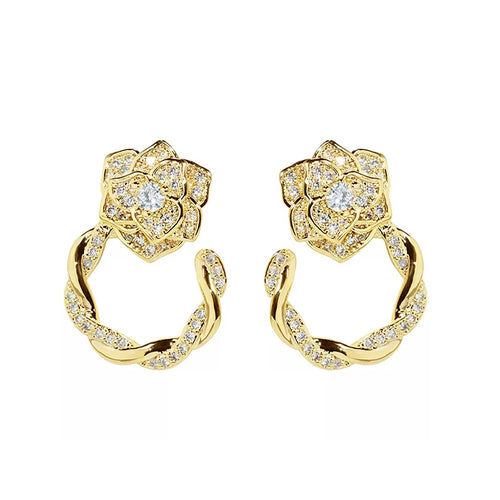 Aesthetic Gold Color Flower Clip Earrings for Women Non-piercing Sparkling Cubic Zirconia Luxury Trendy Jewelry