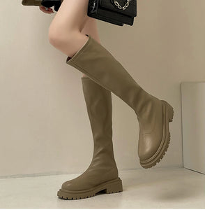Fashion Soft Leather Knee High Boots Women Square Heel Girl's Boots Shoes h08