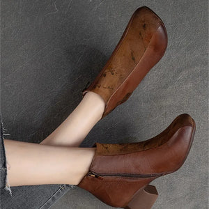 Winter Genuine Leather Women's Short Boots Thick Heel Round Toe Shoes q153