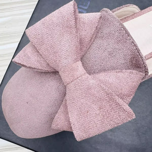 Women Spongy Sole Slippers Butterfly-Knot Flat Slides Square Toe Wide Fitting Flock Cloth Summer Sweet Shoes