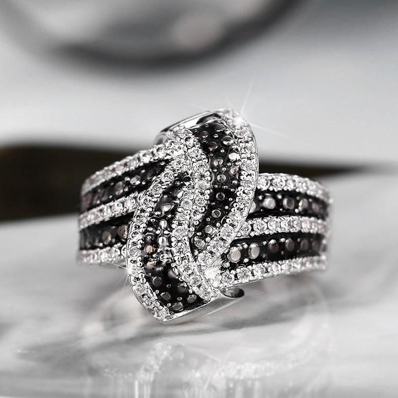 Shiny White Cubic Zirconia Black Enamel Rings Luxury Women Finger Jewelry hr57 - www.eufashionbags.com