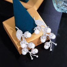 Load image into Gallery viewer, Leaf Shape Cubic Zirconia Paved Long Pearl Dangle Earrings ce25 - www.eufashionbags.com