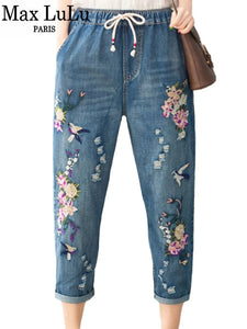 Autumn Womens Vintage Floral Loose Denim Pants Chinese Style Casual Ripped Blue Jeans