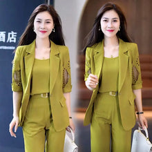 Load image into Gallery viewer, 2023 Autumn New Vintage Hollow Short Sleeve Jacket with Tank Top Casual Pants Three Piece Elegant Women&#39;s Pants Suit Office Set