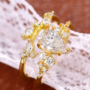 2Pcs Pear Cubic Zirconia Set Rings for Women Aesthetic Wedding Jewelry n206