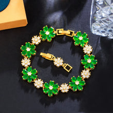 Laden Sie das Bild in den Galerie-Viewer, Gold Plated Green Cubic Zirconia Crystal Flower Charm Link Bracelets Jewelry Gift b119
