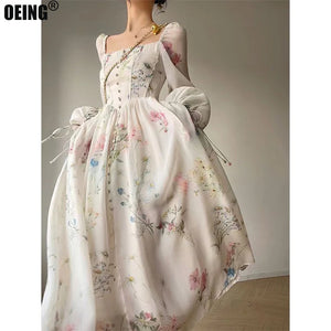 2023 Summer Korean Style Floral Evening Party Dresses Chiffon Long Sleeve Beach Midi Fairy Dress Vestidos De Ocasion Formales
