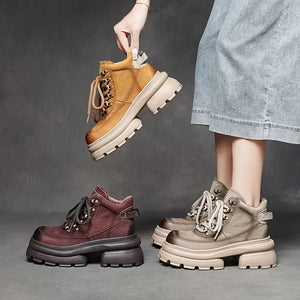 Winter Genuine Leather Platform Boots Lace-up Chunky Heel Short Boots q128