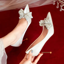 Load image into Gallery viewer, Luxury Pearl Bowknot Wedding Bridal Shoes for Women Sexy Pointed Toe Stiletto Heel Pumps Woman Beige Satin High Heels Shoes