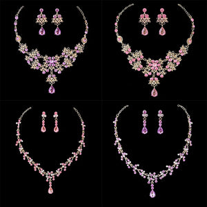 Luxury Wedding Bridal Purple Pink Crystal Necklace Earrings Jewelry Sets For Women