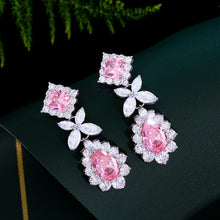 Laden Sie das Bild in den Galerie-Viewer, Pink Water Drop Cubic Zirconia Long Dangling Leaf Earrings for Women b09