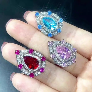 Luxury Women's Finger Rings for Party Sparkling Red Water-drop Cubic Zirconia Style Accessories