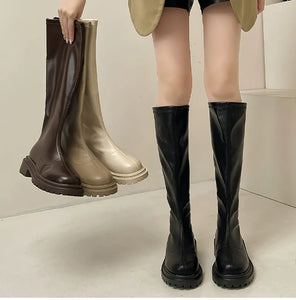 Fashion Soft Leather Knee High Boots Women Square Heel Girl's Boots Shoes h08