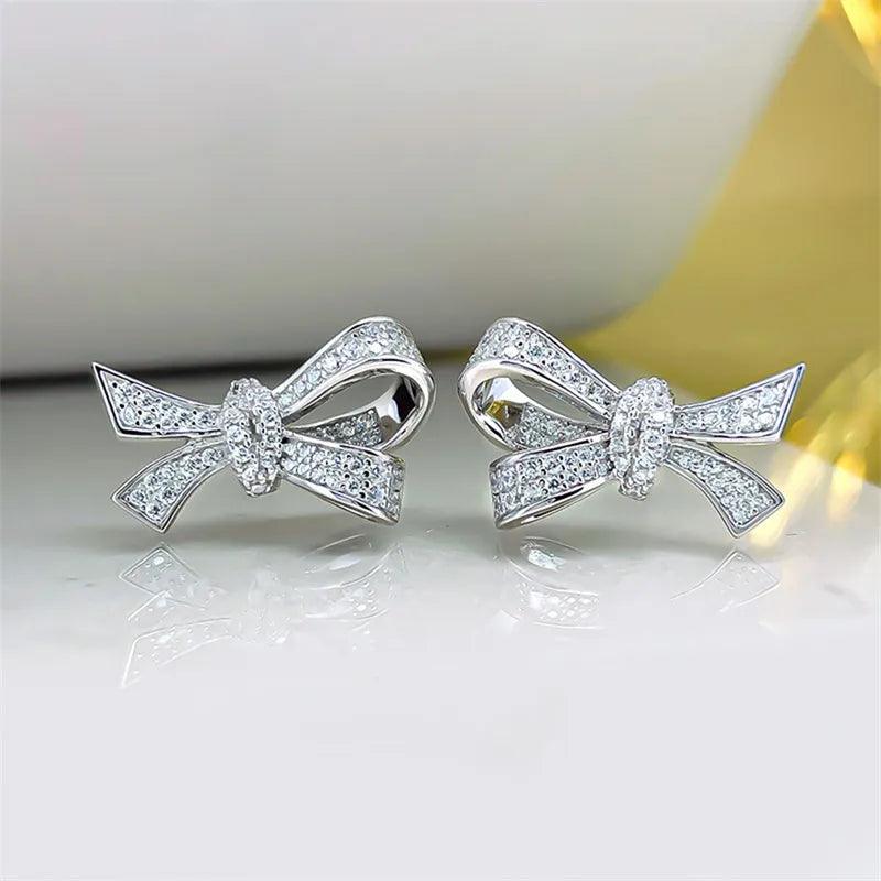 Luxury Silver Color Dazzling Cubic Zirconia Bow Stud Earrings for Women t21 - www.eufashionbags.com