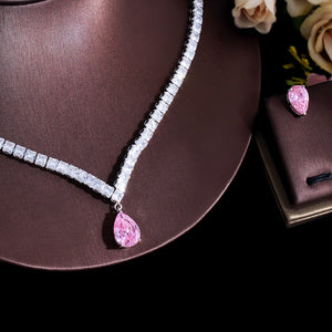 Shiny Pink Cubic Zirconia Water Drop Bridal Jewelry Sets b166