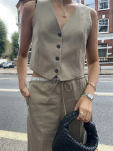 Cargar imagen en el visor de la galería, Fashion Vest Set V-Neck Sleeveless Single-Breasted Waistcoat Elastic High Waist Pockets Drawstring Wide Leg Pant