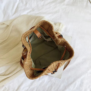 Women Straw Weave Bucket Bags Rattan Summer Beach Shoulder Bags Female Casual Handbags Purse Small Travel Crossbody Bags