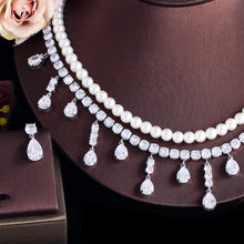 画像をギャラリービューアに読み込む, Shiny Tassel Water Drop Cubic Zirconia Big 2 Layer Pearl Necklace Bridal Jewelry Sets