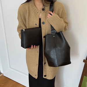 2 PCS/Set Fashion PU Leather Shoulder Bag for Women Solid Color Purses w39