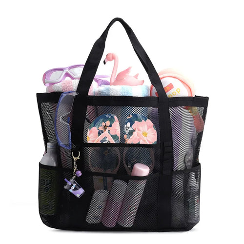 Summer Black Mesh Tote Bag For Women Woven Hollow Beach Bag Travel Shopping Tote Sport Gym Bags