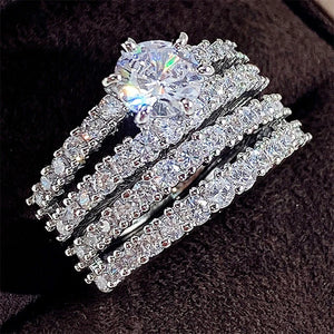 2Pcs Hollow Set Rings Full Bling Iced Out CZ Women Wedding Engagement Rings