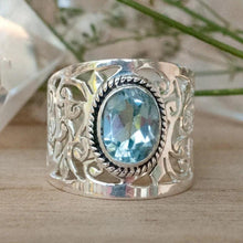 Load image into Gallery viewer, Hollow Out Wide Ring with Oval Sky Blue Stone Trendy Accessories for Women t19 - www.eufashionbags.com