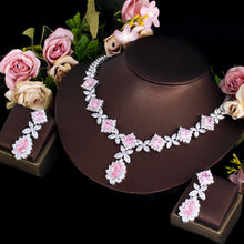 Cargar imagen en el visor de la galería, Pink Leaf Drop Cubic Zirconia Wedding Necklace Earrings Jewelry Sets b08
