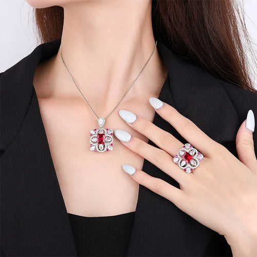 Square Red Crystal Pendant Necklace Adjustable Ring High Quality Handmade Women Jewelry x22