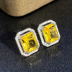 Geometric Stud Earrings with Yellow Cubic Zirconia Trendy Luxury Bright Color Earrings for Women