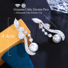 Load image into Gallery viewer, White Bling Cubic Zirconia Paved Symmetrical Dangle Drop Long Pearl Earrings for Women cw14 - www.eufashionbags.com