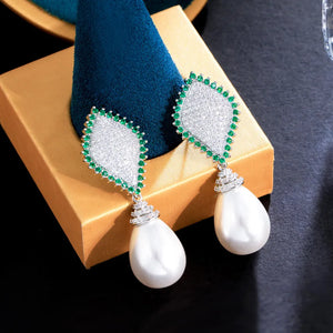 Green Cubic Zirconia Crystal Earrings Dangle Drop Long Pearl Wedding Jewelry for Women b65