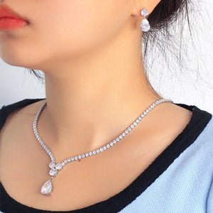 Fashion Cubic Zirconia Water Drop Pendant Necklace and Earrings Bridal Jewelry Sets s16