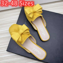 Laden Sie das Bild in den Galerie-Viewer, Women Spongy Sole Butterfly-Knot Flat Slides Mules Square Toe Wide Fitting Flock Cloth Summer Sweet Shoes
