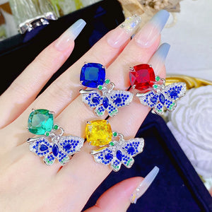Luxury Silver Color Butterfly Design Jewelry Inlaid Mint Green Tourmaline Rings for Women x67