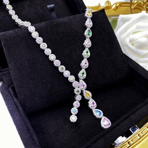 Silver Color Rainbow Colorful Cubic Zirconia Necklace for Women Multicolor Wedding Necklace x52