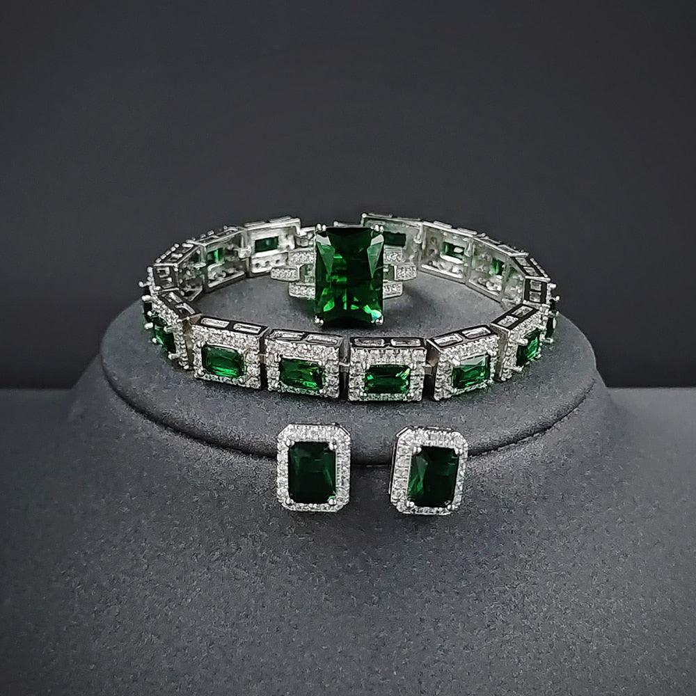 silver color Green Dubai Jewelry Set for Women Wedding Earings Ring bracelet mj31 - www.eufashionbags.com