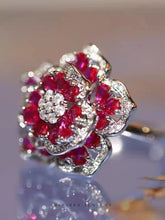 Charger l&#39;image dans la galerie, 925 Sterling Silver Red Rose Flower Ring for Women Luxury Micro Inlaid Full Zirconia Geometry Ring