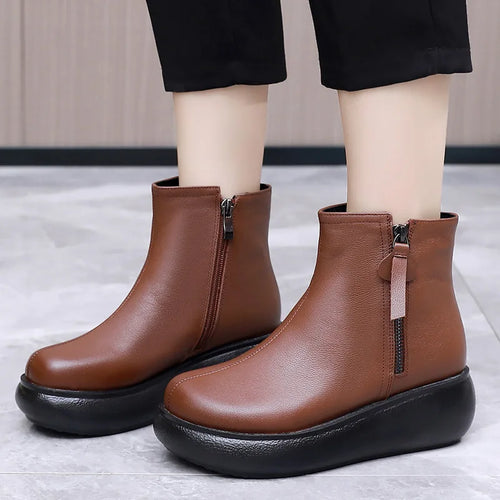 Winter Women Genuine Leather Wedges Boots Thick Ankle Boots q139