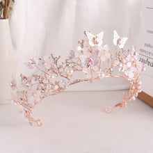 Load image into Gallery viewer, Rose Gold Crystal Butterfly Crowns Diadem Pearl Rhinestone Wedding Hair Accessories b07