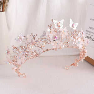 Rose Gold Crystal Butterfly Crowns Diadem Pearl Rhinestone Wedding Hair Accessories b07