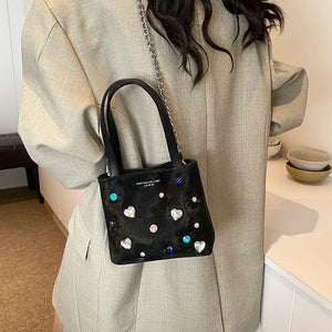 Y2K Cute Diamonds Design Mini Velvet Shoulder Bags for Women PU Leather Chain Crossbody Bag